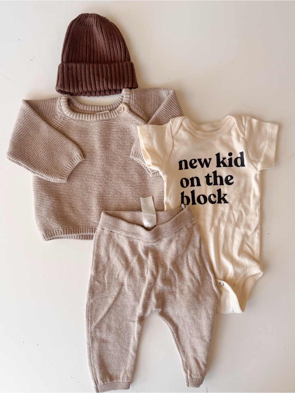 H&M Neutral Knit Set with Brown Beanie and Cream Bodysuit
